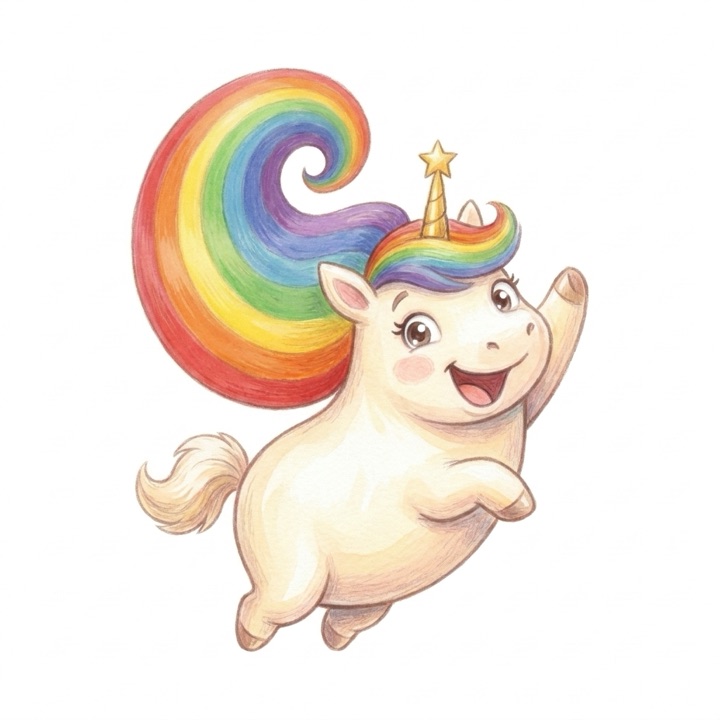Pip, a cream unicorn with a rainbow curl and a star-tipped horn, waving hello
